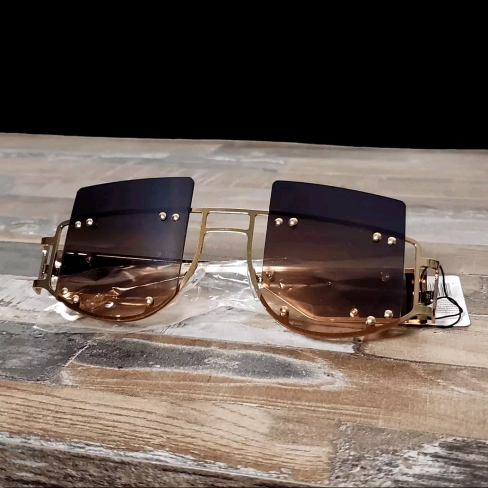 Womens Oversized Large Hexagonal Gold-Toned Brown Tinted Sunglasses